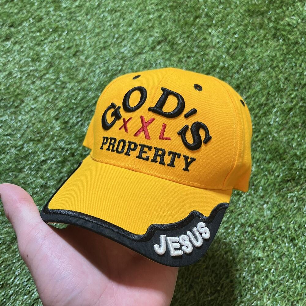 VTG Y2K Gods Property Yellow Embroidered Baseball Cap Jesus Religious